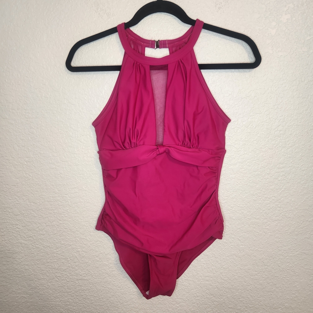 Hot Pink 1 PC Swimsuit Bathing Sexy Beach Pool High Neck Plunge Tummy Control S